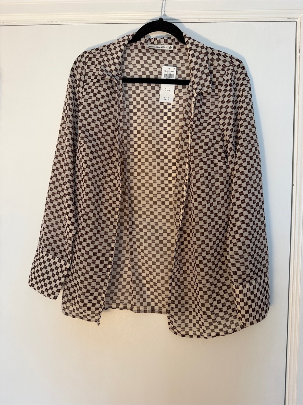 Chiffon Checker Open-Front Shirt- Brown/Cream